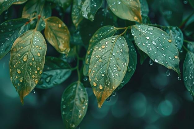 zachte focus dromerige natte bladeren met waterdruppels goud en groene natuur