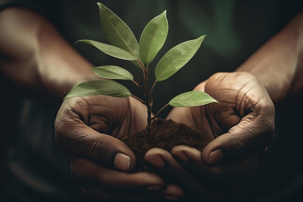 Zachte hand die een weelderig groene plant wiegt Generatieve AI