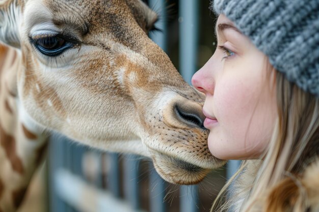 Zachte interactie tussen jonge vrouw en giraffe in een rustig moment Close-up van intieme mens