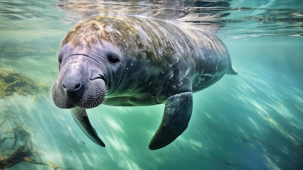 Zachte lamantijn fotorealistische afbeelding - generatieve AI. Lamantijn, zwemmen, oceaan, flipper.