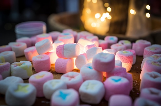 Zachte marshmallows met warm kaarslicht op tafel