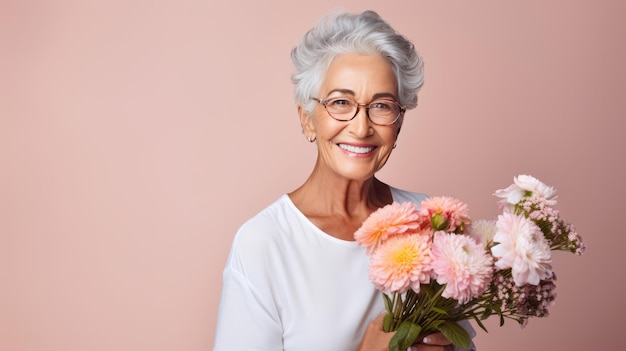 Zachte oudere vrouw met een tedere glimlach die bloemen vasthoudt