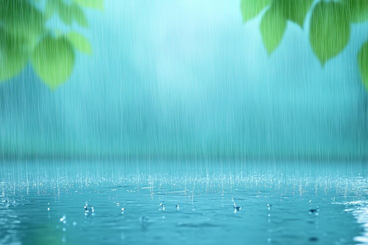 Zachte regen valt op een serene blauwe vijver omringd door weelderige groene bladeren
