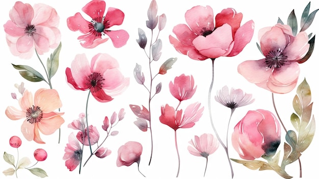 Zachte roze aquarel bloemstengels op transparante achtergrond