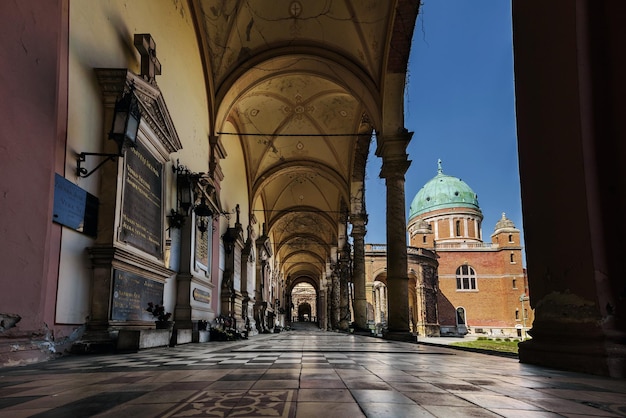 Zagreb Croatia March 28 2019 Chapel of Christ the King gothic arcades tombstones and tiled floor in Mirogoj Cemetery Popular landmark and one of most beautiful cemeteries in Europe