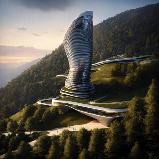 Photo zaha hadid nanotechnology concrete skyscraper on the mountain