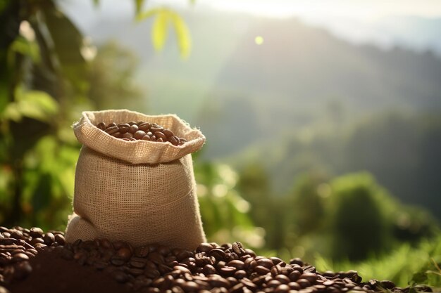 Zak met vers gebrande koffiebonen op natuur achtergrond gemaakt met generatieve AI