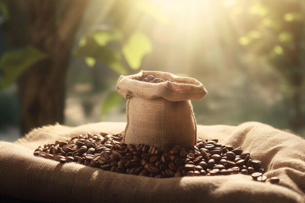 Zak met vers gebrande koffiebonen op natuur achtergrond gemaakt met generatieve AI