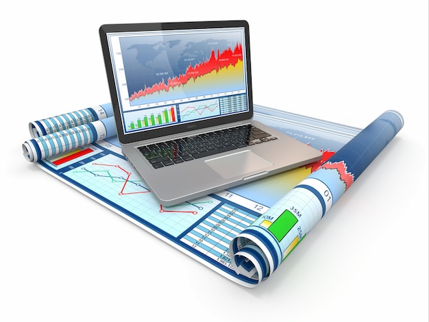 Zakelijk analyseren. Laptop, grafiek en diagram.