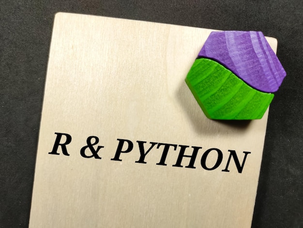 Zakelijk concept Tekst R en PYTHON schrijven op een houten bord met een gekleurd houten blok op een zwarte achtergrond