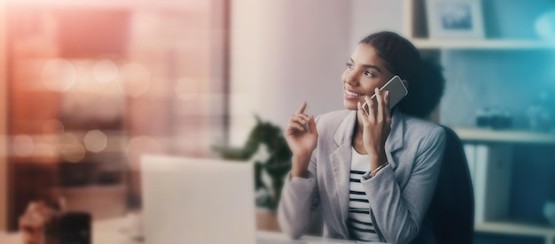 Zakelijk denken en vrouw met telefoongesprekcommunicatie en netwerken met b2b-client of planning crm Bedrijfsmedewerker of ondernemer praten op smartphone in kantoormodel of bokeh