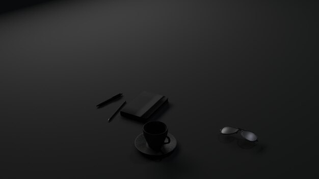 Zakelijk object op zwarte tafel [pen, potlood, notitieboekje, glas en koffiekopje] (3D-rendering)