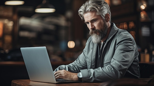 Zakelijk portret zakenman zitten in kantoor werken met laptopcomputer volwassen leeftijd middelbare leeftijd medio volwassen man in de jaren 50 met vrolijke zelfverzekerde glimlach kopieerruimte