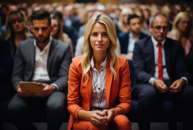 Zakelijk professioneel vrouwelijk publiek zit in een kleine kamer met een paar mensen achterin