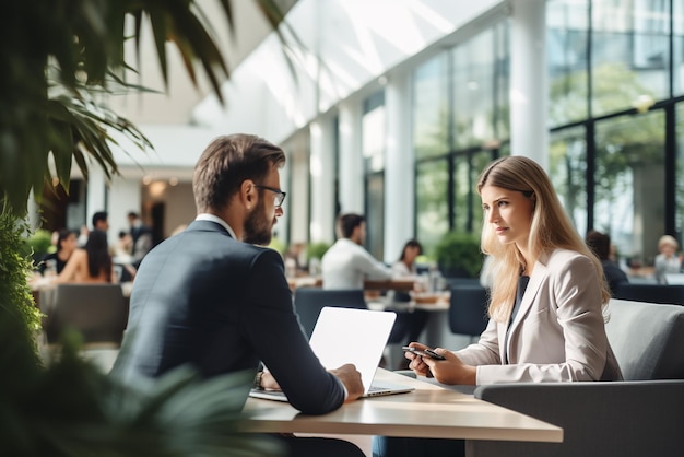 Zakelijk team dat aan een nieuw project werkt en glimlacht Man en vrouw samen in een modern kantoor voor projectbespreking