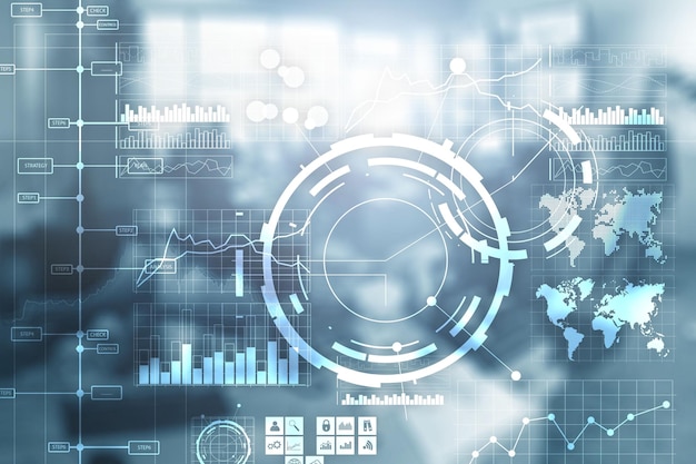 Zakelijke achtergrond business intelligence bi key performance indicator kpi analyse dashboard transparant wazig kantoor achtergrond