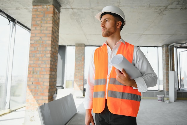 Zakelijke architect man met veiligheidshelm staande van een bouwproject