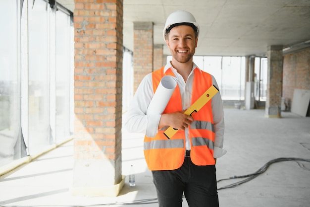 Zakelijke architect man met veiligheidshelm staande van een bouwproject