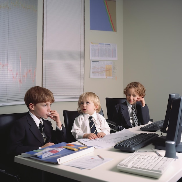 Zakelijke bijeenkomst op kantoor Kleine jongens in kantoorpakken zitten aan een tafel en kijken naar aandelengrafieken