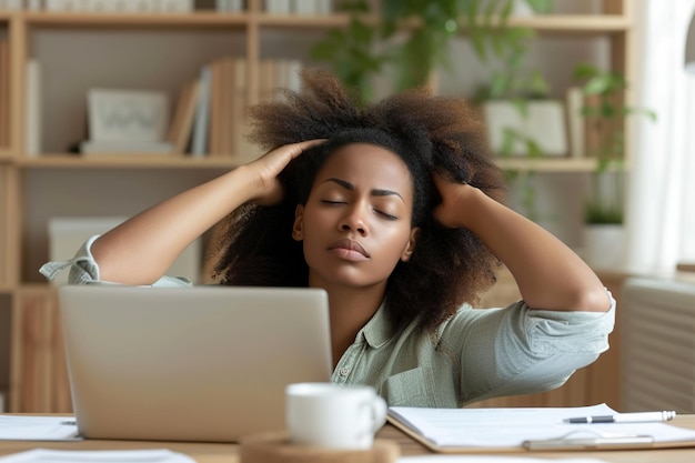 Foto zakelijke boekhouder financiële accountant voelt zich moe maar tevreden na het voltooien van een groot werk