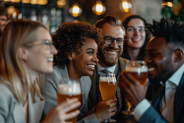 Zakelijke collega's genieten van dranken in een bar met AI gegenereerd