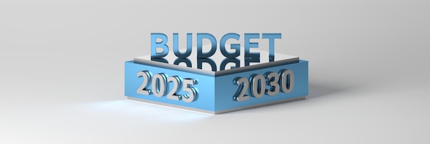 Zakelijke financiële planning brede banner met voetstuk groot budget woord en jaar 2025 en 2030 nummers