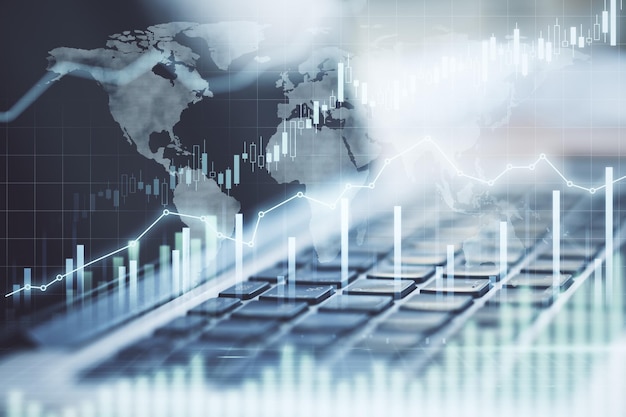 Zakelijke grafiek met gloeiende financiële grafieken wereldkaart en diagram