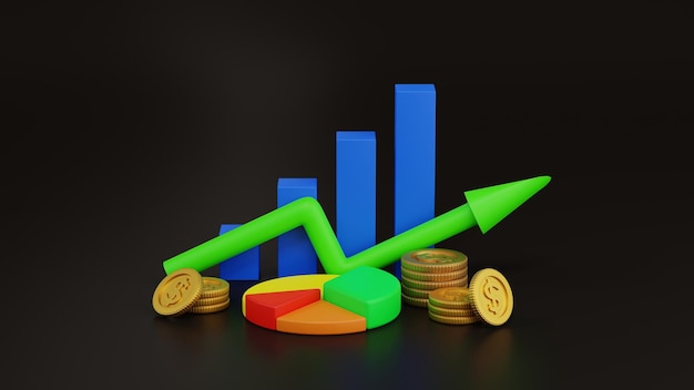 Zakelijke grafiek of staafdiagram diagram met stapel gouden munten Groei zakelijke financiële 3D-rendering