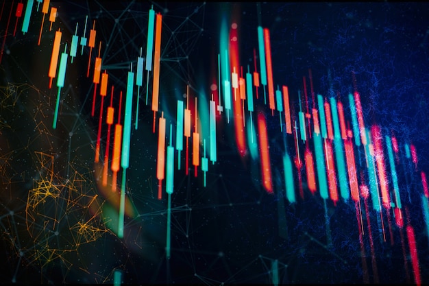 Zakelijke grafiekachtergrond op een monitor met inbegrip van marktanalyse. Staafdiagrammen, diagrammen, financiële cijfers. Forex grafiek.