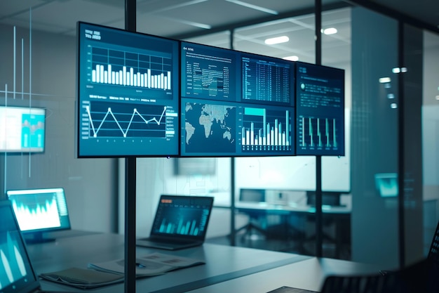 Zakelijke grafieken en grafieken op schermen en whiteboards tonen data-gedreven besluitvorming en strategische planning