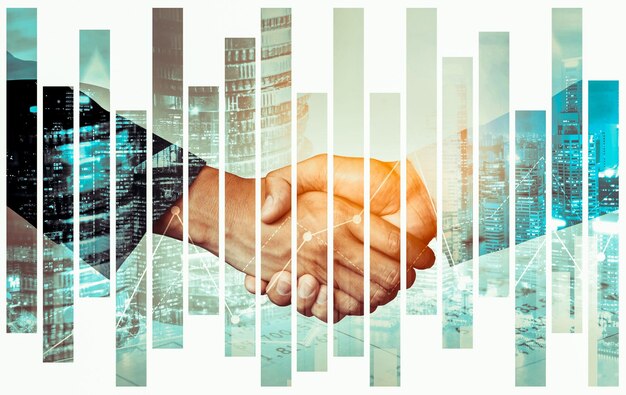 Zakelijke handdruk over financiële welvaart en achtergrond van geldtechnologie-activa