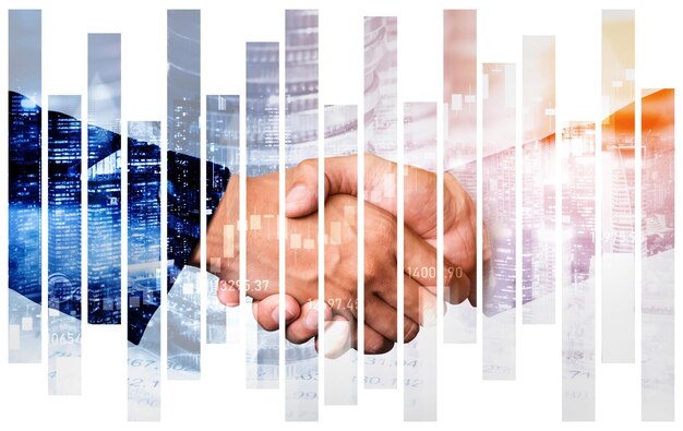 Zakelijke handdruk over financiële welvaart en achtergrond van geldtechnologie-activa