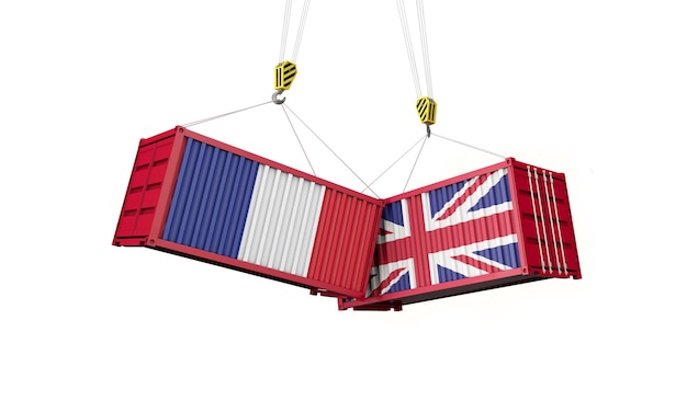 Zakelijke handelsovereenkomst VK en Frankrijk Botsende vrachtcontainers 3D Render