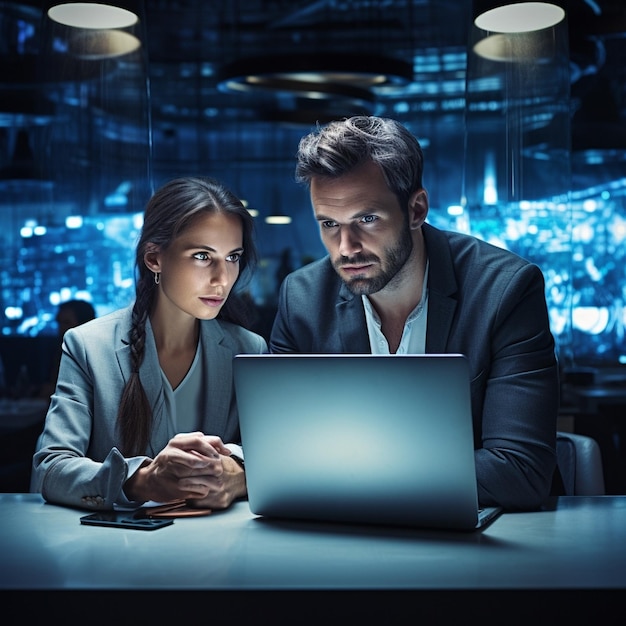 zakelijke man en vrouw werken aan een laptop analyseren in een project zakelijke vrouw werkt aan AI genereren