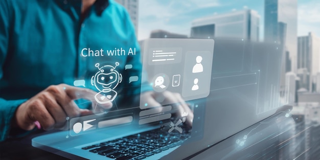 Zakelijke man ontwikkelt virtueel digitaal webontwerp met behulp van AI-technologie voor codering en data-analyse