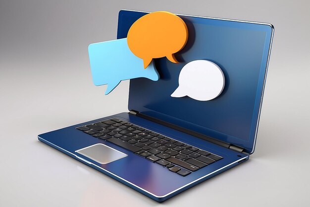 Foto zakelijke online communicatie 3d laptop icoon render spraak bubbel met notebook