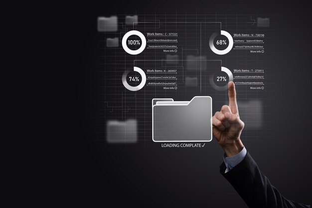 Zakelijke ontwikkelaar hand met behulp van bestuur kader op virtuele moderne computer met innovatie agile softwareontwikkeling lean project management tool snelle veranderingen concept. document management systeem dms