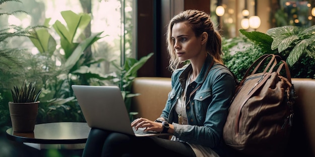 Zakelijke persoon die een laptop gebruikt in de openhartige weergave van de lobby van het luxe hotel