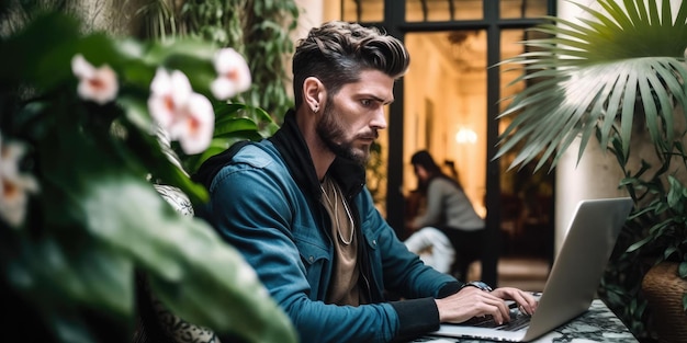 Zakelijke persoon die een laptop gebruikt in de openhartige weergave van de lobby van het luxe hotel