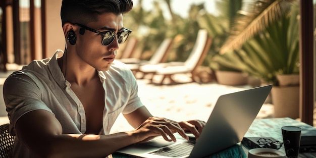 Zakelijke persoon gebruik laptopcomputer in luxe resort hotel beach club in de zomer