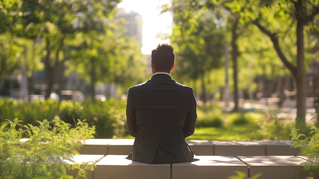 Zakelijke professional geniet van een vreedzaam moment in het stadspark. Werk-leven balans in bedrijfsleven.