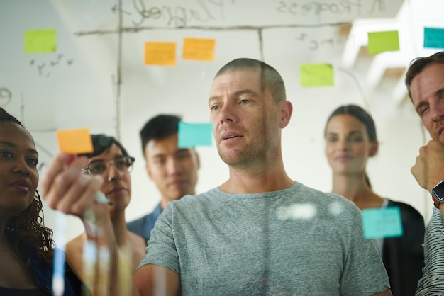 Foto zakelijke teamwerkvergadering met notities om te brainstormen en samen te werken casual teamplanning op de werkplek en creatieve ideeën bedenken kantoormedewerkers die een groepswerkproject plannen