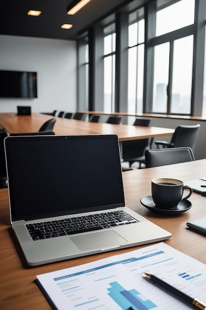 Zakelijke vergader- en vergaderzaal met laptop en zakelijke documenten