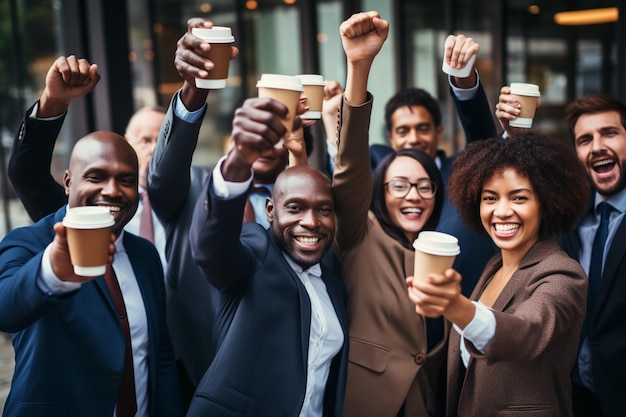 Zakelijke vrienden juichen met koffie in het café.