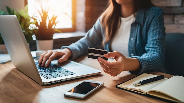Zakelijke vrouw die creditcard gebruikt om zwarte hardloopschoenen te kopen op een e-commerce website via een laptop met s