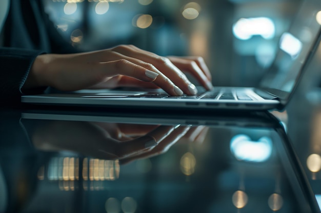 Zakelijke vrouw die op een laptop schrijft voor productiviteit