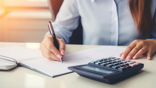 Zakelijke vrouw die werkt met rekenmachine accountant concept belasting top view focus op hand daglicht.