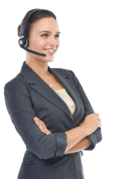 Zakelijke vrouw headset en consultant in studio klantenservice en crm op witte achtergrond Vrouwelijke persoon callcenter vertegenwoordiger en technische ondersteuning of assistent contact en agent bij helpdesk