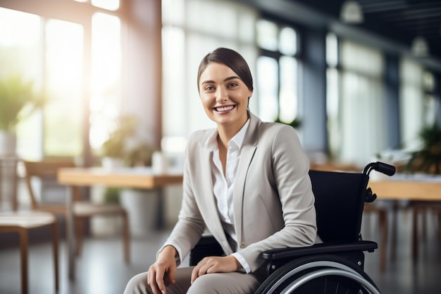 Zakelijke vrouw in rolstoel Portret gehandicapte professional Een meisje met een handicap in het kantoor