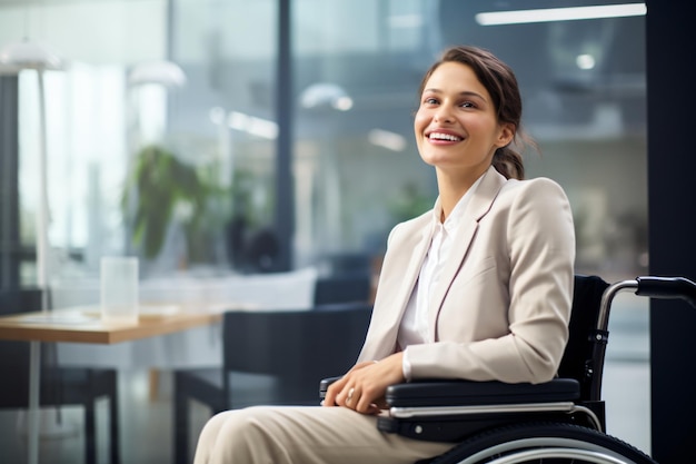 Zakelijke vrouw in rolstoel Portret gehandicapte professional Een meisje met een handicap in het kantoor